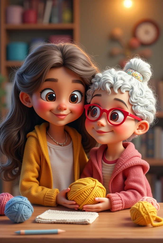 I would like to make a Logo for my and my grandmother's crochet shop , So I would like the logo to have a Disney-style animation of ours, My grandmother has light brown skin, curly hair and wears red glasses. I am a young adult, I have long brown hair, round face and merchant eyes. I wish we were smiling.
