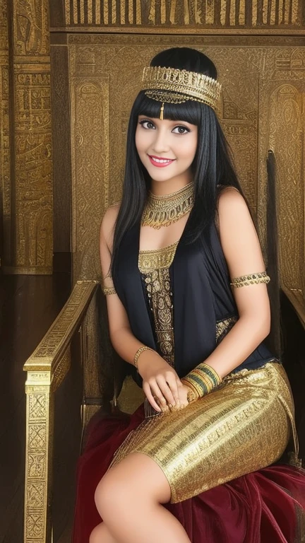 beautiful egyptian woman、With bangs、Toothy Smile、cleopatra、sexy body、Egyptian traditional decorations and costumes、inside a stone palace、Is sitting on the throne、loved by many people