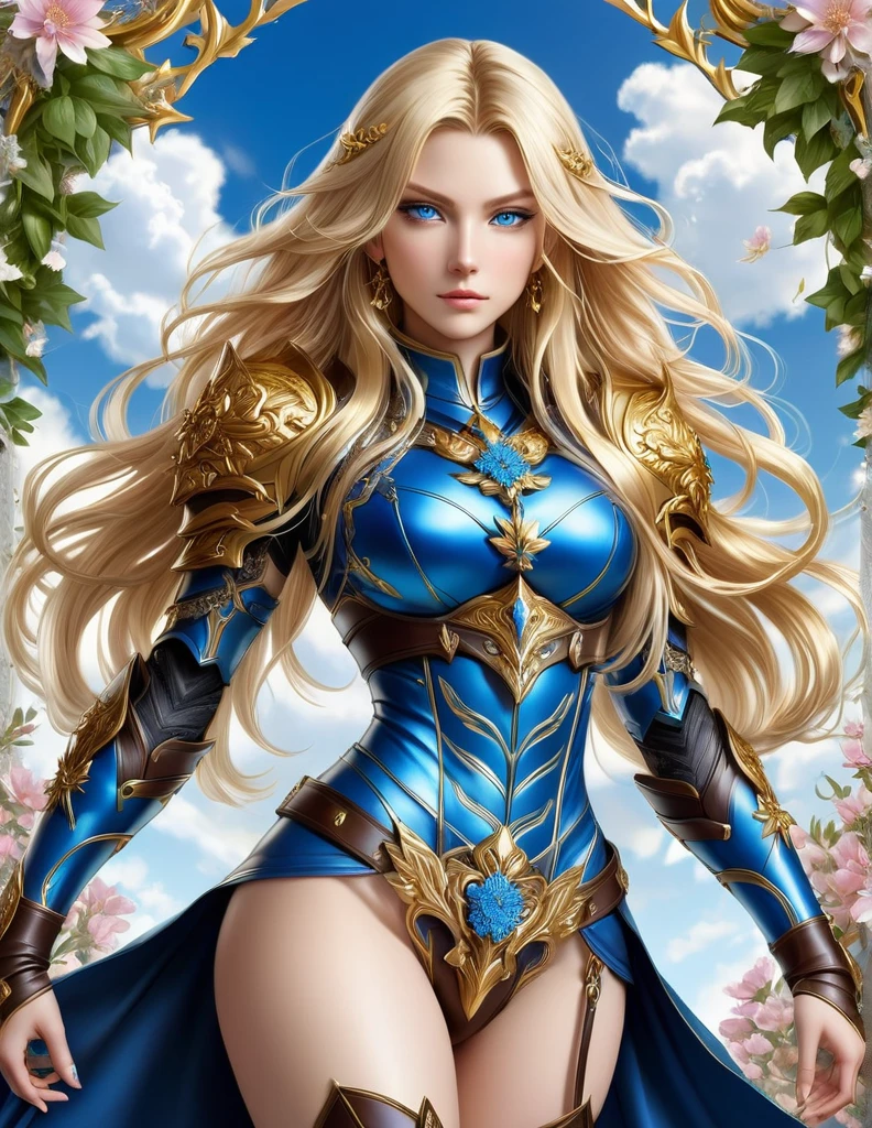 A full-body portrait of a young woman in anime style, with long, light blonde hair, framed by a white mantle adorned with golden details. She has intense blue eyes and wears a form-fitting blue armor with intricate engravings of leaves and flowers, and golden metal pieces covering her shoulders and arms. A dark brown leather belt with metallic buckles secures her armor at the waist. She wears brown leather boots, standing in a dynamic action pose. A cross-shaped pendant adorns her chest. The background features a blue sky with fluffy clouds, highlighting her majestic and noble appearance, visible from head to toe.