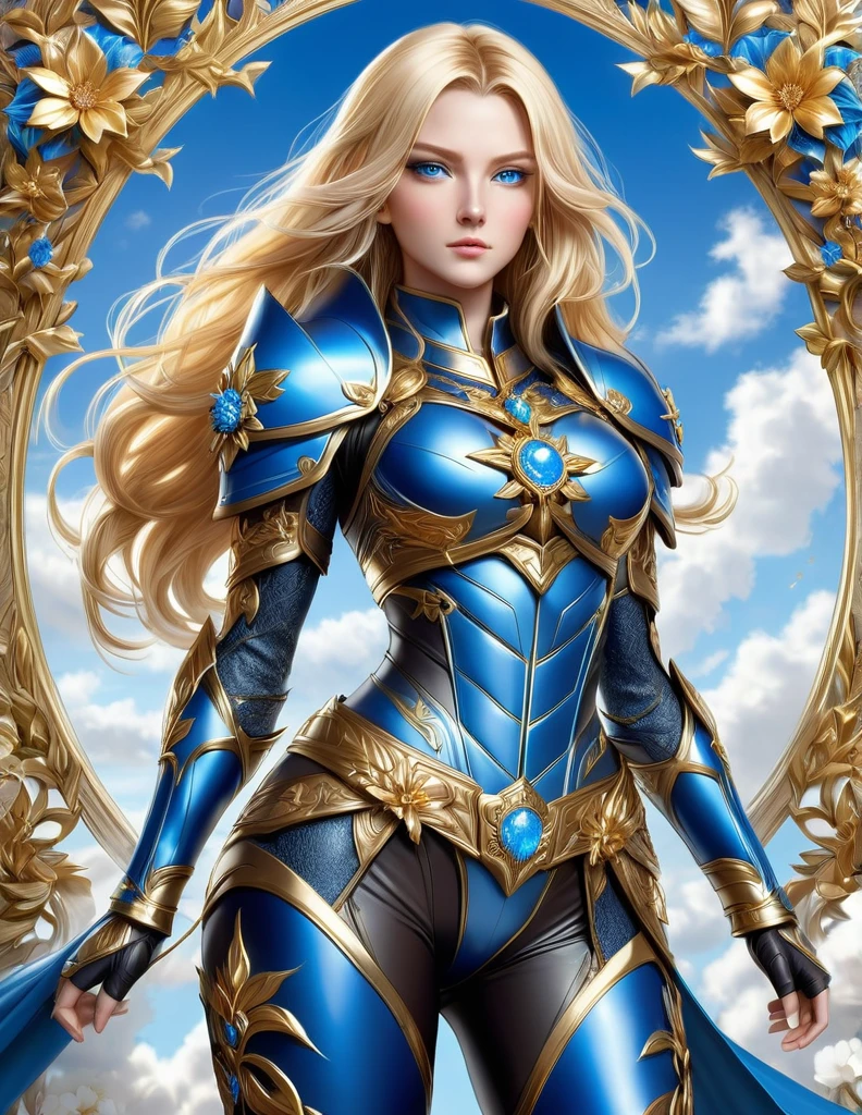 A full-body portrait of a young woman in anime style, with long, light blonde hair, framed by a white mantle adorned with golden details. She has intense blue eyes and wears a form-fitting blue armor with intricate engravings of leaves and flowers, and golden metal pieces covering her shoulders and arms. A dark brown leather belt with metallic buckles secures her armor at the waist. She wears brown leather boots, standing in a dynamic action pose. A cross-shaped pendant adorns her chest. The background features a blue sky with fluffy clouds, highlighting her majestic and noble appearance, visible from head to toe.