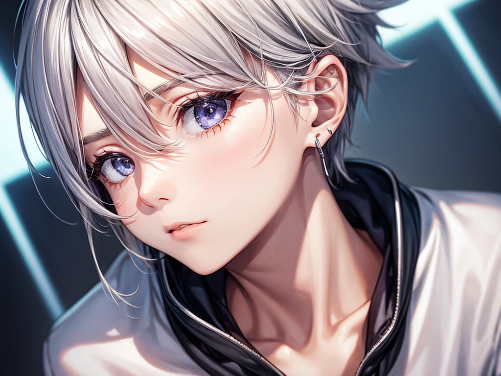 Silver Hair Short、Man with slanted eyes、sing、White Shirt、headphone、Earrings
