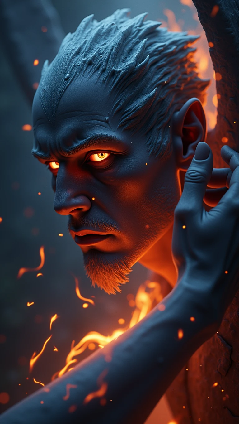 Lúcifer with blue eyes in the fire with his hand on his face, fire eyes, fire hot stare, fire-yellow-eyes, fire tear, with fire powers, fire clings to his skin, hot orange eyes, scary sharp fire, this character has cryokinesis, amazingly epic visuals, beautiful photorealistic imagery, emma watson as the queen of fire, side image, only shows the face and hand, dark imagery