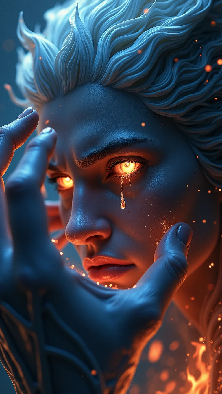 Lúcifer with blue eyes in the fire with his hand on his face, fire eyes, fire hot stare, fire-yellow-eyes, fire tear, with fire powers, fire clings to his skin, hot orange eyes, scary sharp fire, this character has cryokinesis, amazingly epic visuals, beautiful photorealistic imagery, emma watson as the queen of fire, side image, only shows the face and hand, dark imagery 