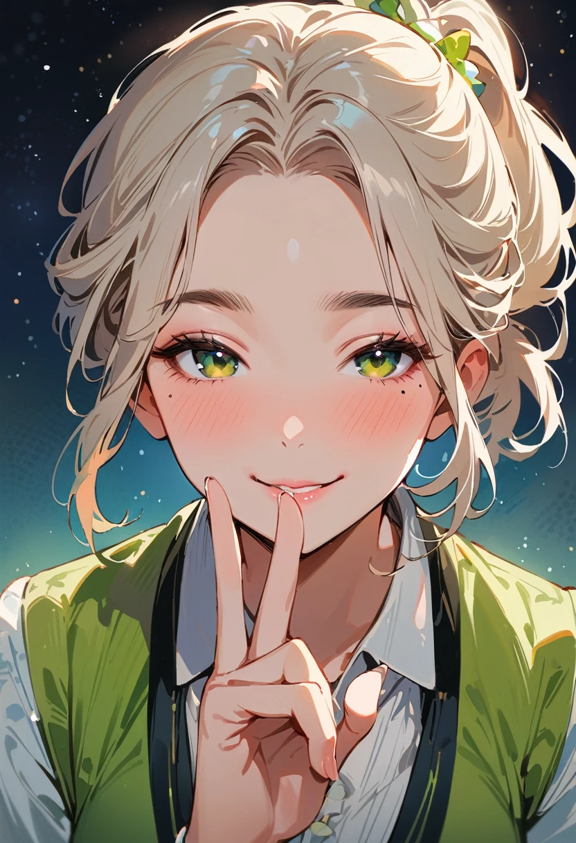 (masterpiece, best quality:1.4), 1 girl, 独奏, Star pupil, Blurred eyes, Close your left eye, Smile, Look up and down, peace gesture, Right tear mole, (Green double ponytail hairstyle:1.2), Royal sister, large breasts, Vest, Midnight starry sky background.