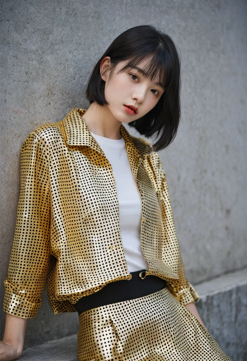 Shiny,Vague,golden polka dots,grid,1 girl,fair