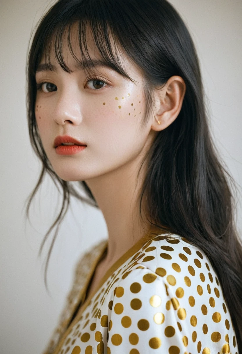Shiny,Vague,golden polka dots,grid,1 girl,fair