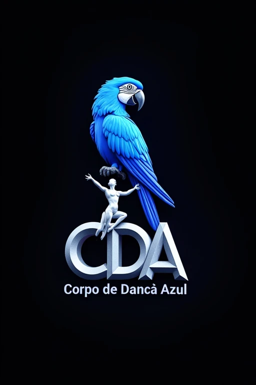 Create a 3D logo
Insert the letters "CDA"
insert a blue macaw
insert silhouette of dancers
insert the text "Corpo de Dança Azul"
insert a black background
everything in silver and blue tones