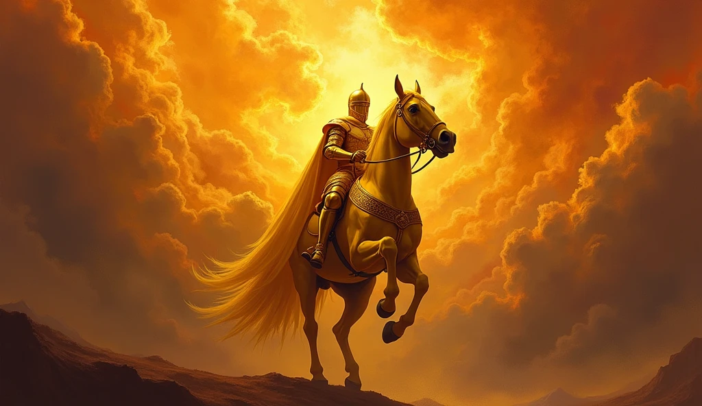 
create a Realism-style image of a knight riding a yellow  horse and yellow
 armor closed helmet  descending from the fiery skies


