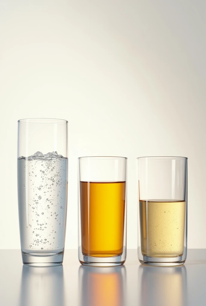 Image of a glass with water, another glass with oil and another empty glass