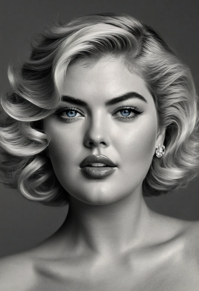 Kate Upton with short blonde hair, full lips, striking blue eyes, and flawless skin, posed nude in a classic Marilyn Monroe-inspired glamour shot, with a black and white filter adding dramatic contrast and old-Hollywood elegance, masterfully lit to showcase the model's curvaceous figure and natural beauty, (best quality,4k,8k,highres,masterpiece:1.2),ultra-detailed,(realistic,photorealistic,photo-realistic:1.37),dramatic lighting,cinematic composition,high fashion,glamour,sensual,alluring,intimate,timeless