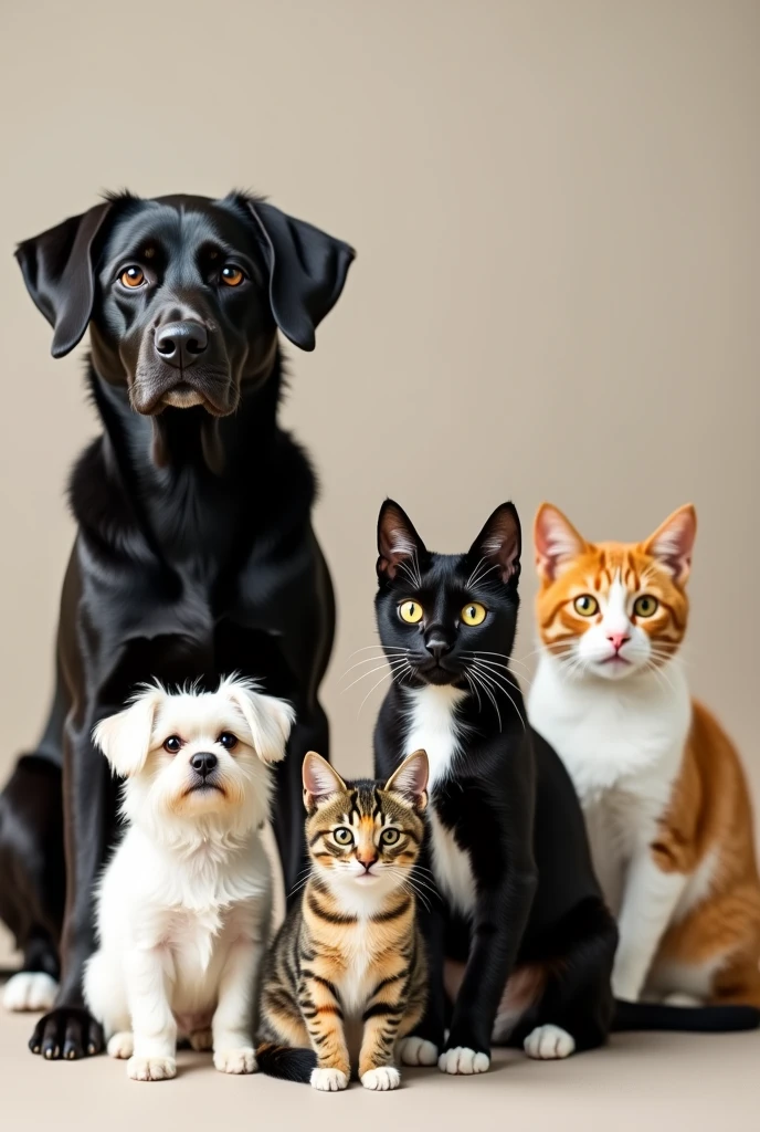 a medium sized black dog, a white Maltese dog, a tricolored cat, a black cat and a yellow and white cat