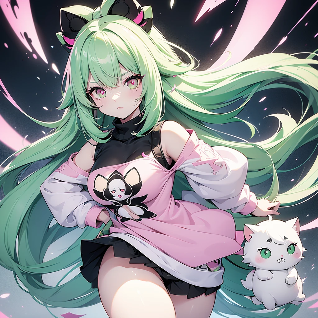 Woman with long green hair, bangss. Small white horns with black markings. Pink eyes pupils. Two line-shaped marks below the eyes. medium breasts. Chubby legs with black symbols. Short white tail with some black symbols. ashamed. White sweatshirt with pink print From kitten. Pink jewel on the breast