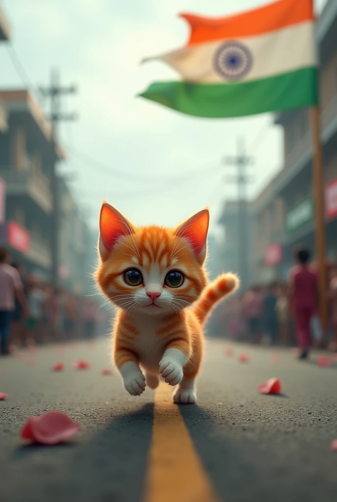 Pari, the kitten, is nearing the end of the street, her small legs moving swiftly. The Indian flag is waving above her, and the crowd behind her is now in the distance, unable to stop her. The sky is overcast, adding to the intensity of the moment dall e 3d style 