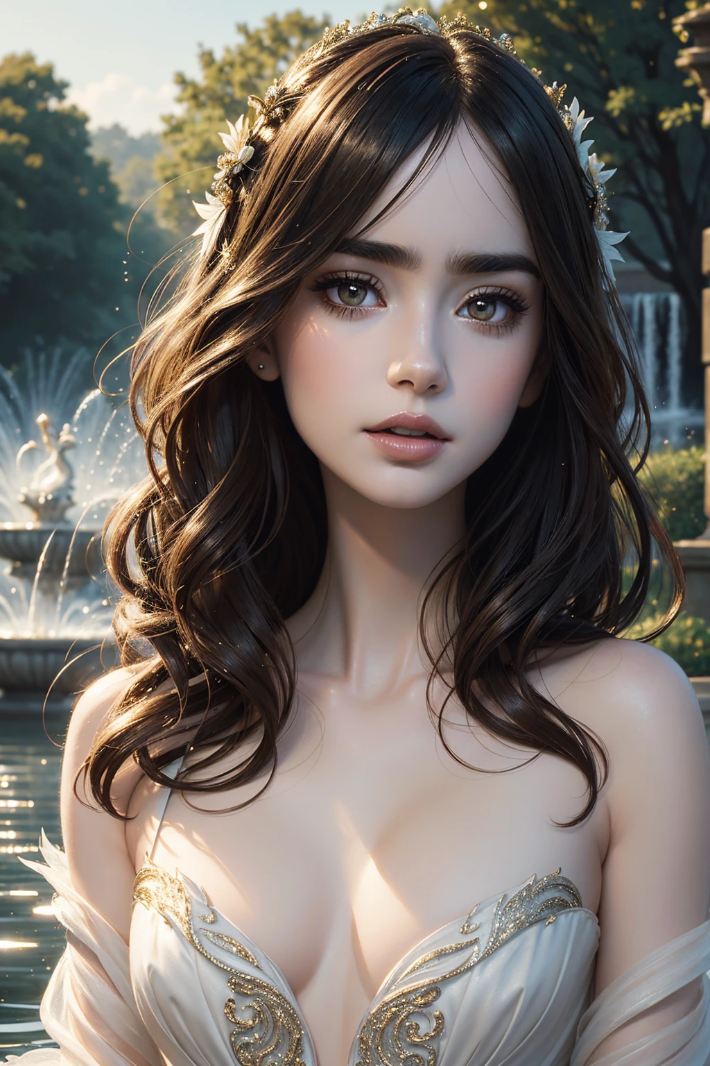 portrait Lily Collins, wearing swan costume, against the background of the fountain, character portrait, 4 3 9 0 s, wavy hair, intricate, elegant, highly detailed, digital painting, artstation, concept art, smooth, sharp focus, illustration, art by wlop, charlie bowater and alexandra fomina, 36k, glittering, shining, correct anatomy