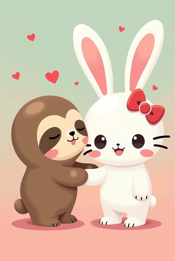 A sloth holding hands with a humanoid white rabbit in the style of Hello Kitty.