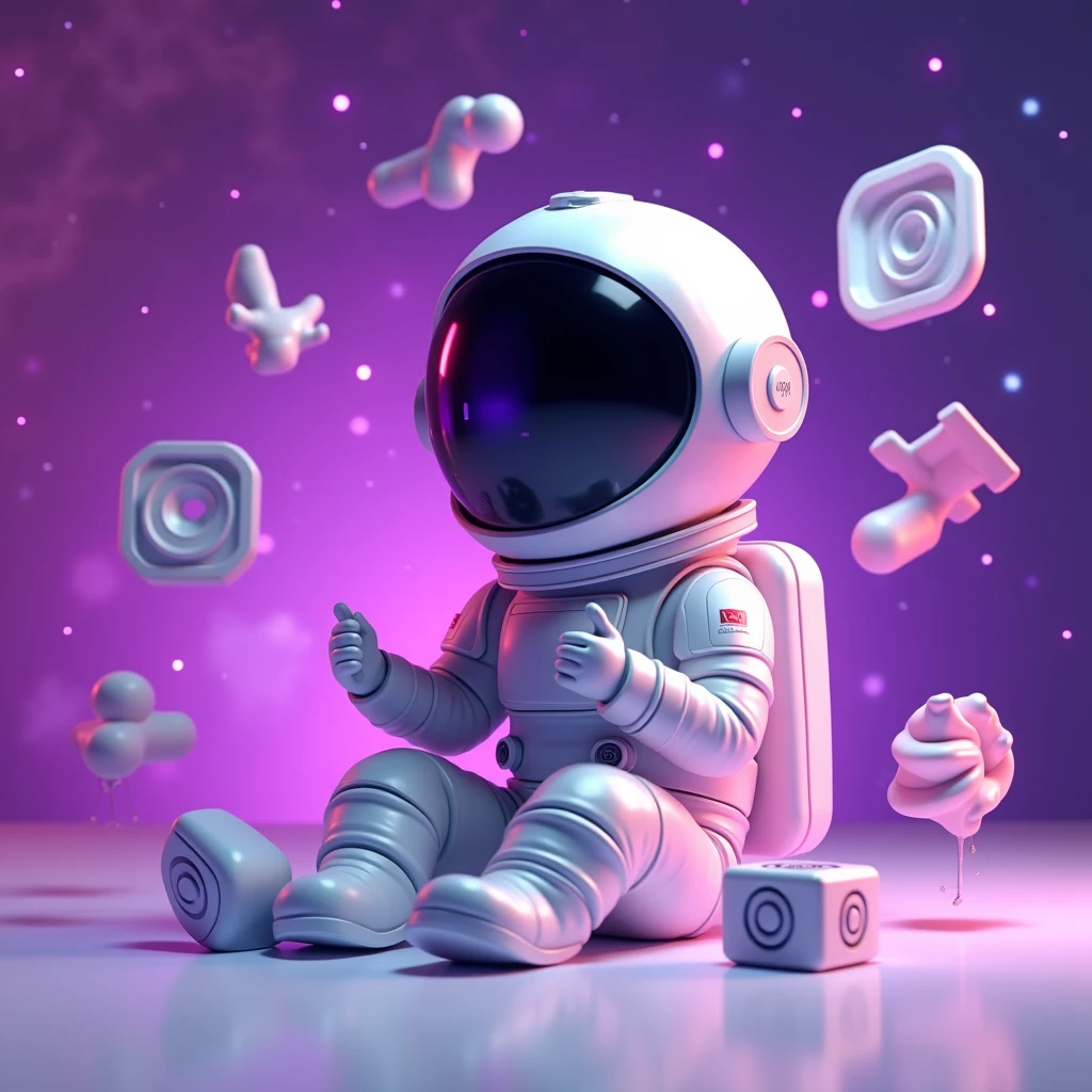 clean sitting pose of a little human astronaut avatar of social media influencer working with social media with social media speaker and social media 3d icons revolving with purple background in galaxy