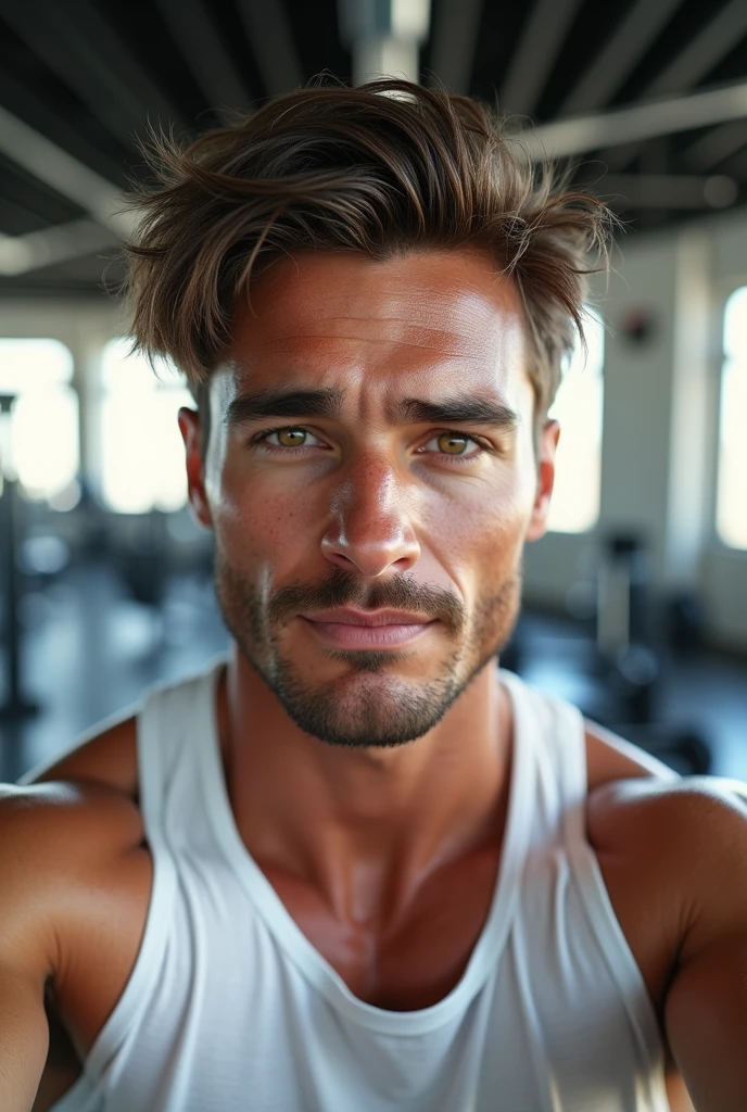 (photorealism:1.2), beautiful 30 years old man, Brown hair, fit, sweat, selfies, gym room, white shirt top