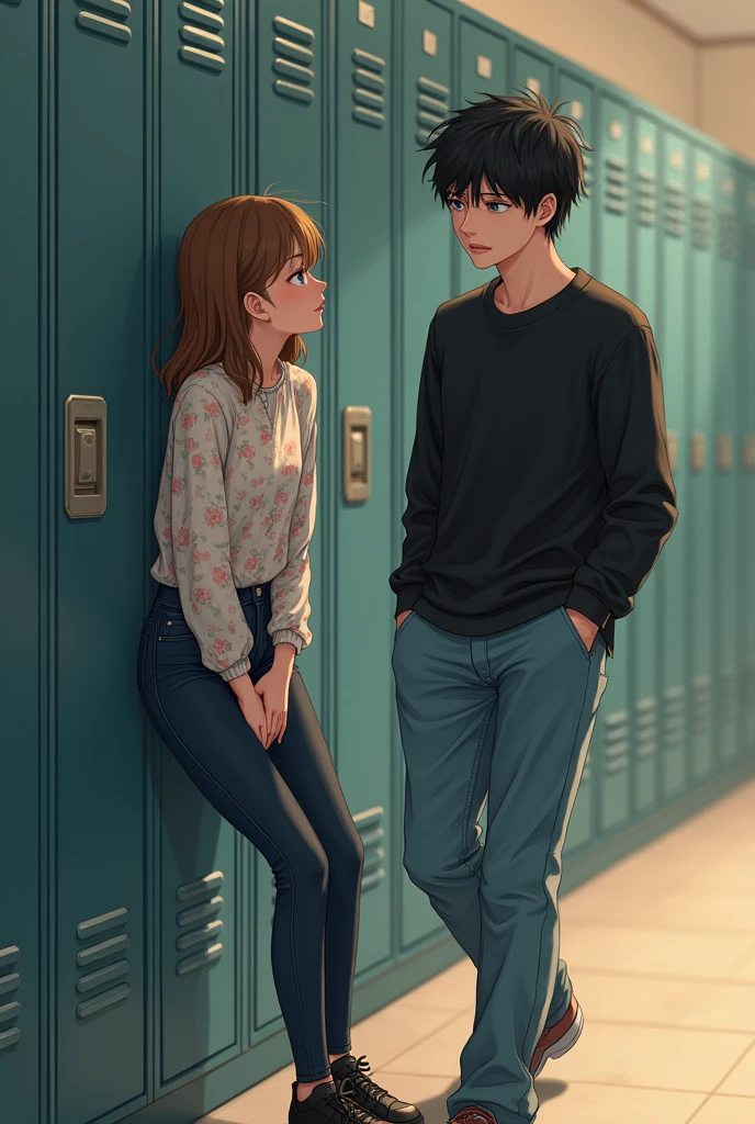 university fund, Specifically, In a locker, A girl, she's going to be lying on the locker, Light brown hair, amber eyes,clear skin, but with a light pinkish tone. With tight jeans, black shoes, and a floral blouse. A boy who is going to be passing near her, black hair, blue eyes, pale skin. with a black sweatshirt, and a jean not so tight. As he passes in front of her they stare at each other intently, at a great distance