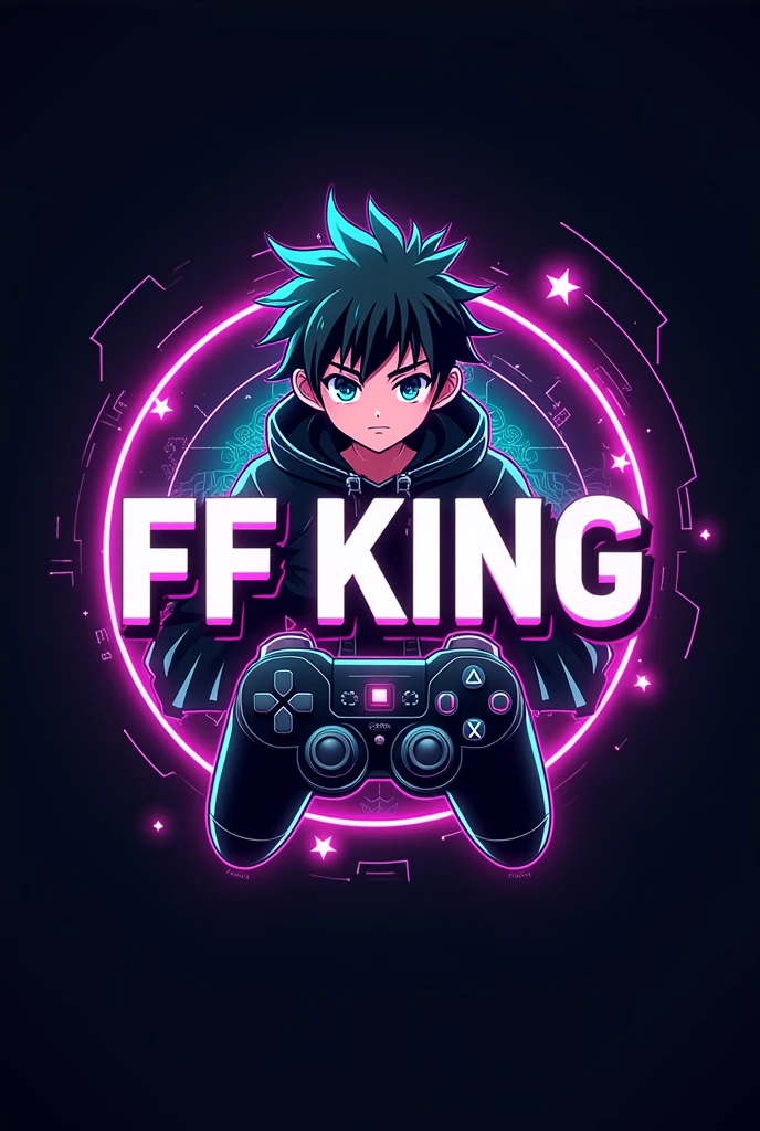 This is a  gaming logo that features the name “FF KING THIS IS MY UID 9280536669 ” in a futuristic font and a neon Golden color. and Boy Anime avtar, The logo also has a stylized controller icon . The logo is designed to be attractive and eye-catching, and to appeal to  gaming enthusiasts and