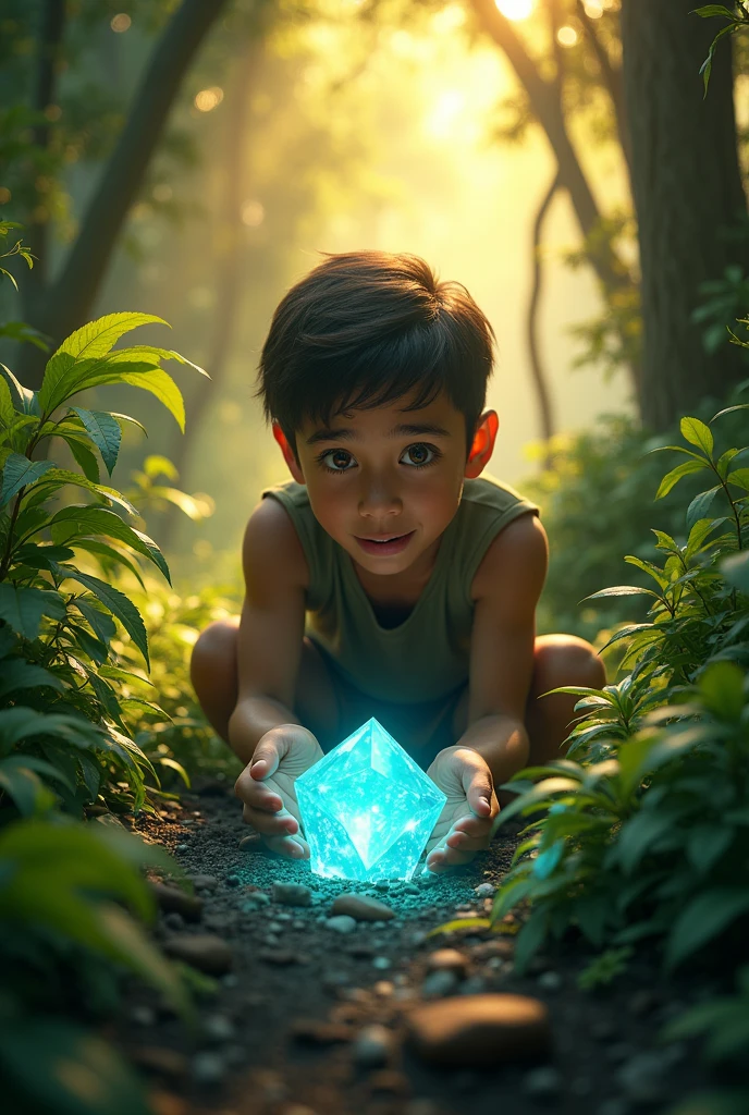 Ram discovering a shiny gemstone in the dense forest, with sunlight filtering through the trees, highlighting the stone's brilliance. Ram's face should show excitement and wonder.