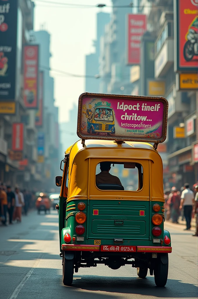 Auto rikshaw with a bill board on its back