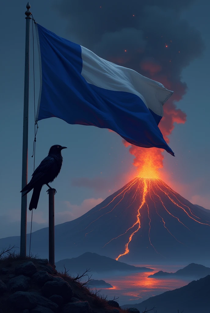 Blackbird zanate, using a flag with three colors, one blue color, then white and then blue, watching a landscape of an active volcano, at night.