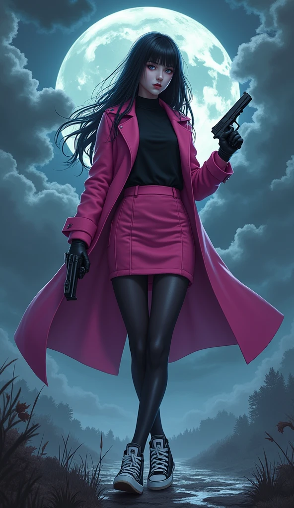 The one girl, long black hairs, yuri, Vampire Hunters.

The girl wear a pink long coat, black shirt, pink pencil skirt, black underpants, black tights, black gloves, adidas pink sneakers high top, holding a one pistol gun, pointing a gun.

black grey sky, fantastic night sky, moon, cartoon novel, 4K, HD