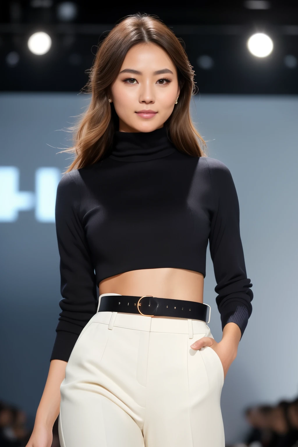 professional portrait photograph of (okuryl3nko:0.99), in high fashion clothing, beautiful face, cute natural makeup, wearing Victoria's Secret elegant suit, (turtleneck:1.1), (long trousers), ((walking on the runway)), fashion show, ultra realistic, concept art, elegant, highly detailed, intricate, sharp focus, depth of field, f/1. 8, 85mm, medium shot, mid shot, (centered image composition), (professionally color graded), ((bright soft diffused light)), volumetric fog, trending on instagram, trending on tumblr, hdr 4k, 8k, (waist chain), (closeup portrait:1.1), (smile512)