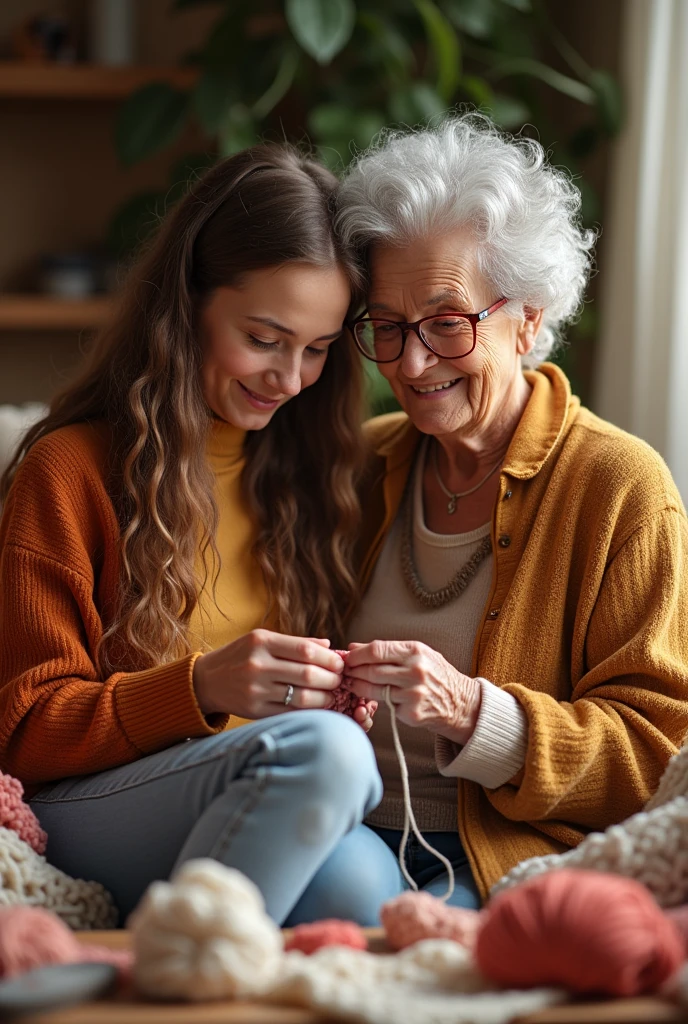 an older woman with gray curly hair, light brown skin, red glasses and her young adult white granddaughter with long brown hair crocheting and smiling