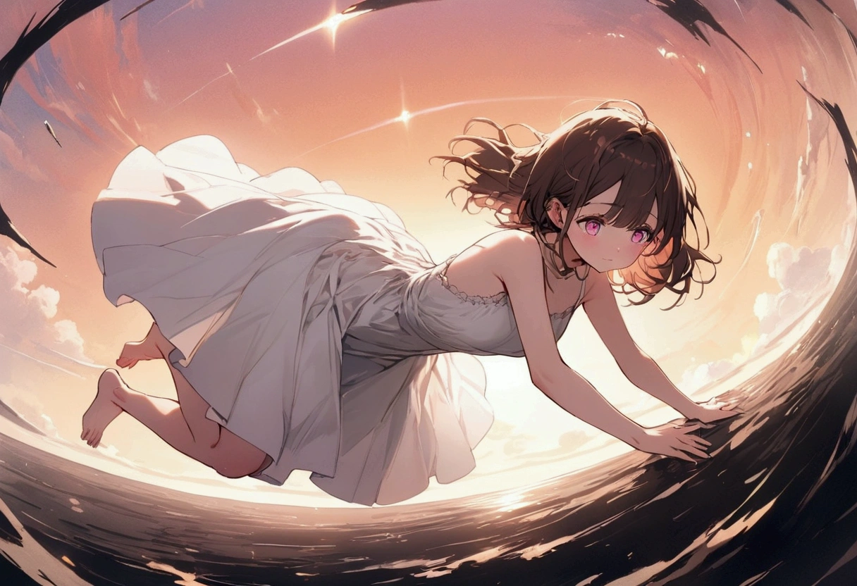 aestethic background, masterpiece, good quality, perfect quality, cute face, beautiful sky, orange sky, girl falling down, white dress, brown long hair, pink bright eyes, barefoot