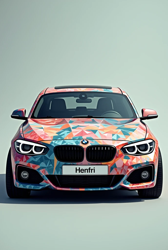 Create a BMW 1 with a pattern and a bright paint job, 
The license plate says "Henfri"