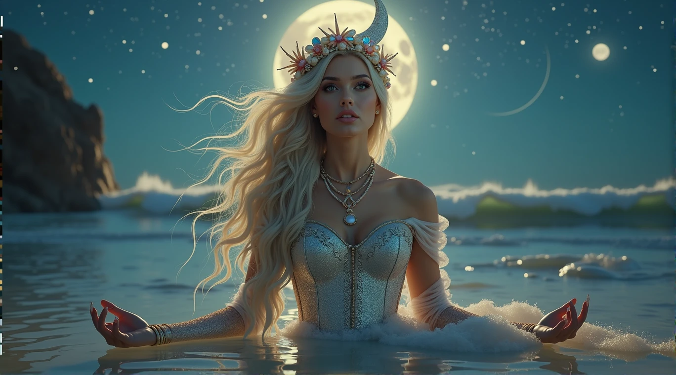 A hyperrealistic and deeply fantastical image of a woman who represents the zodiac sign of Cancer. Her hair, long and wavy, it is adorned with pearls and small seashells that reflect the moonlight. She wears a silver dress with a design reminiscent of the waves of the sea, with a corset decorated with details that imitate the claws of a crab, subtly intertwined with golden threads that shine like sand under the sun. Her makeup is mystical, with eyeshadow that recreates a nocturnal ocean, with sparkles of stars and lunar reflections, while her lips have a soft pearly sheen that evokes the reflected light in the water.

In your head, a crescent moon-shaped tiara made of crystals that change color according to the light, reinforcing the connection with the moon and tides. In your hands, transparent gloves decorated with seaweed and bubble motifs, that extend to her elbows.

The background is an ocean under the light of a bright full moon, with waves that seem to be suspended in time, shining with ethereal lights. Around the woman, small fantastic sea creatures float in the air, like jellyfish that emit a soft glow and crabs that walk on water, while the sky is full of shooting stars and constellations that form mystical patterns. The scene is enveloped in a luminous mist that connects the sky with the sea, creating a dreamlike and magical atmosphere. Everything in the image, from the colors to the composition, it is designed to capture the aquatic essence, emotional and protective of Cancer, while the fantasy effects make the scene spectacular and unique, as if it were the work of a photographer of magical worlds.