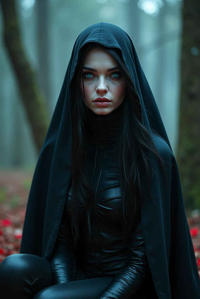 Fashionable of androgynous alien looking witch wearing veil, glowing eyes, beautiful evil slavic muscular woman, pale skin, long hair, light smile, futuristic design, minimal details, givenchy, photoreal, 200mm, hd, f/ 2.0, sitting in a gloomy spruce forest, highly detailed, surreal , drop dead, in the style of red and blue, (intricate details, hyperdetailed:1.15) (skin texture:1.2), cinematic, professional, 4k, (((dynamic model pose))), full body, mesmerizing, dynamic, dramatic, sensual, dynamic pose, highly detailed skin with hair, subcutaneous veins, light and shadow play, highly detailed,24mm photograph, film, bokeh, professional, 4k,