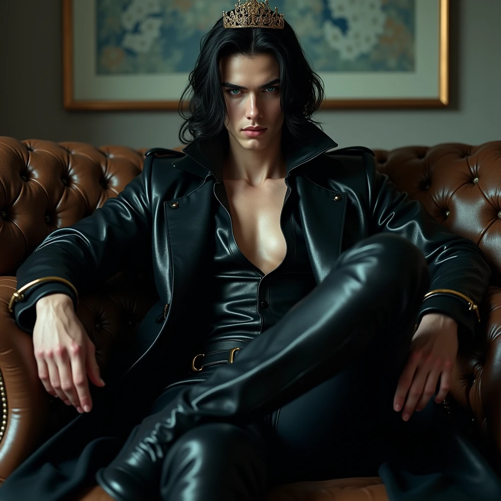 A sexy young male with teal blue eyes and long black hair, with nice and delicate facial features, he is wearing a black trench coat and shiny black leather jeans. His skin is pale and white, and he's sitting on a sofa with crossed legs. He has long boots. He's showing his boots to the camera and smirking. He has crown. He's towering over you. (Male) (no facial or body hair)) masterpiece, best quality, ultra-detailed, best shadow), (detailed background), (beautifully detailed face), high contrast, hyper detail, intricate details.