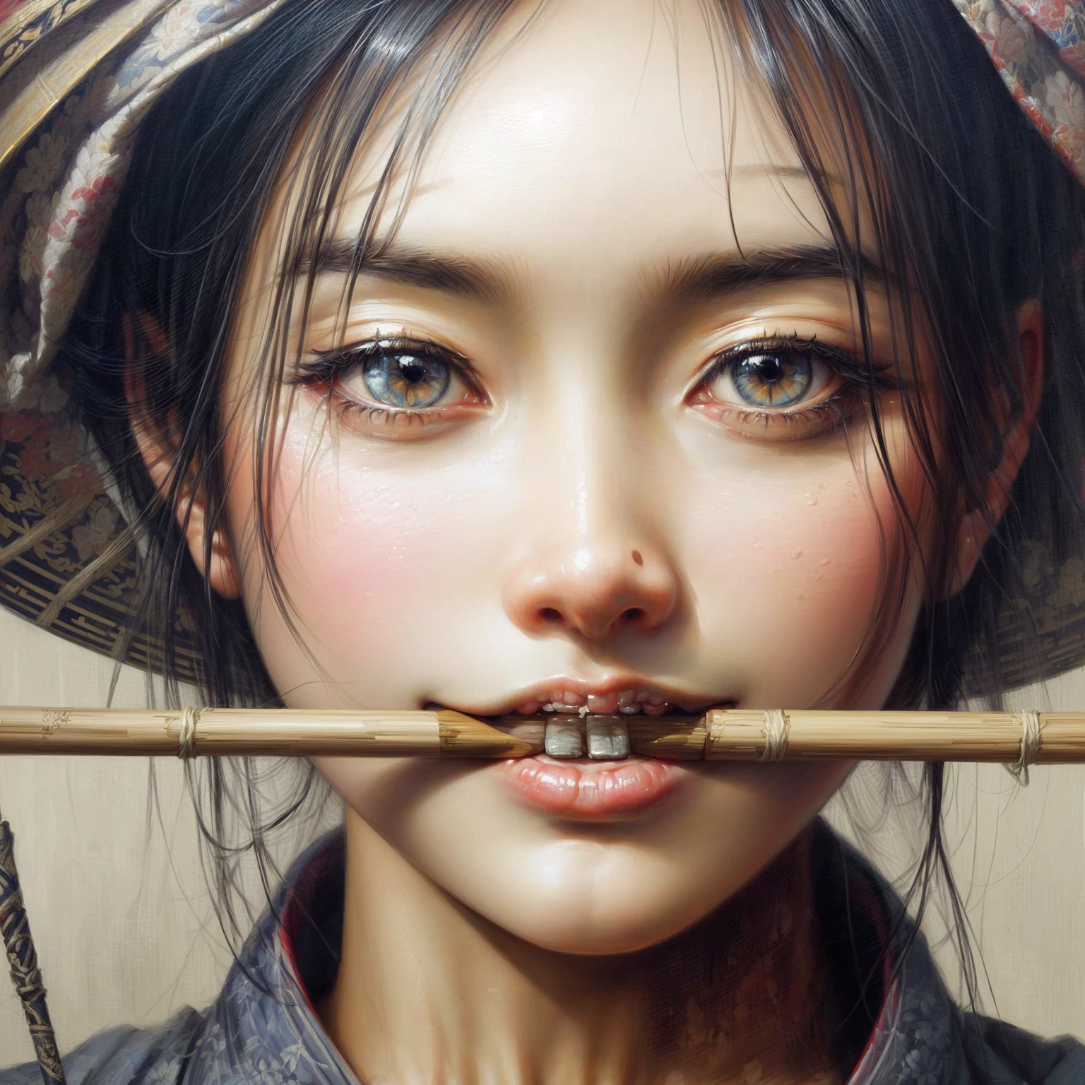 Painting of a woman with a bamboo stick in her mouth, detailed painting 4 k, Karol behind uhd, Chinese artist, beautiful digital artwork, detailed face of an Asian girl, Asian hyper-detailed, realisti. cheng yi, Naotto Hattori, Chinese girl, guweiz masterpiece, artwork in the style of guweiz, asian face