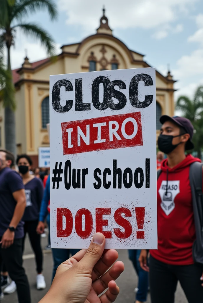 An image against the closure of a school with the #Our school contra o fechamento de uma escola com uma história muito longa onde o nome da escola é escola marechal Mascarenhas de Moraes, I would like a banner to be created for this. A protest banner against the school closing with the # #Our school