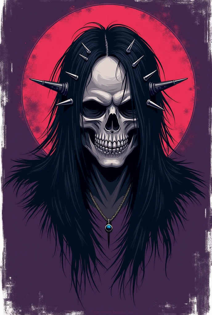 A flag with a purple star featuring a skull with black, fringed hair and piercings