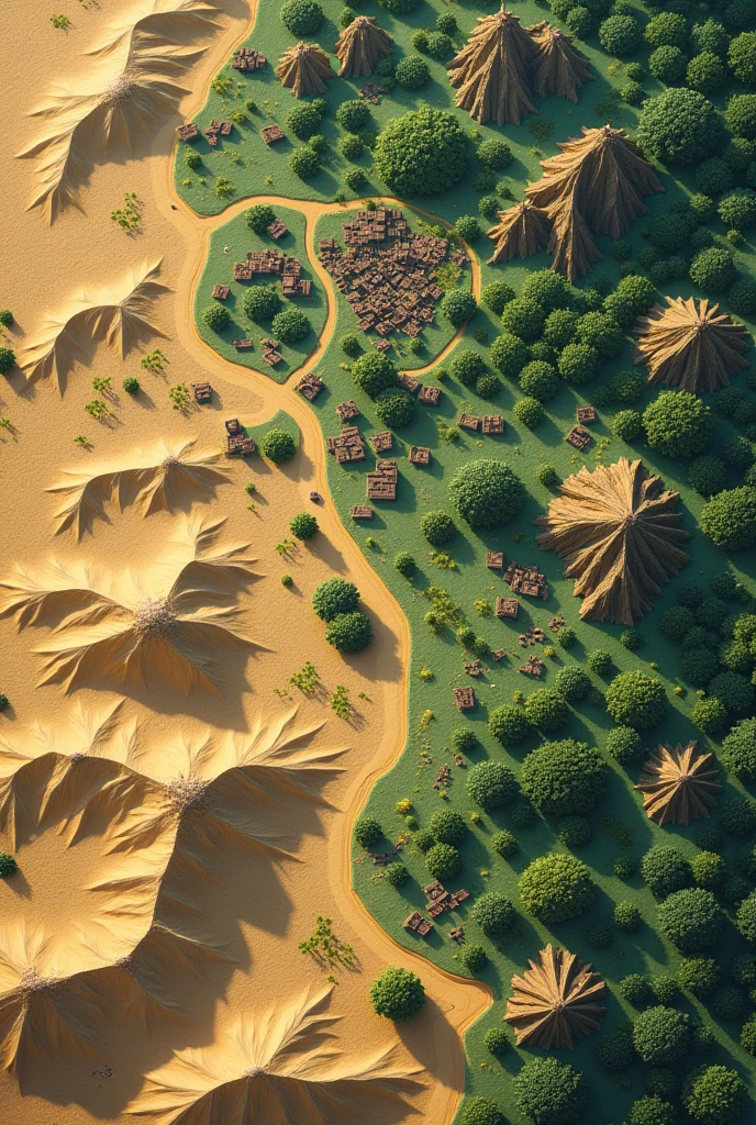 a top-down map with desert and forest vegetation with some villages and a large city, without rivers, a large map like google maps