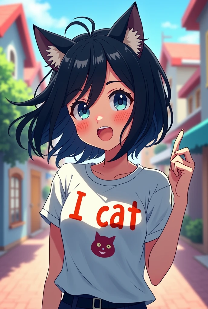Can you create an anime image of a person with black hair wearing a shirt that says 'I cat' and a ...?