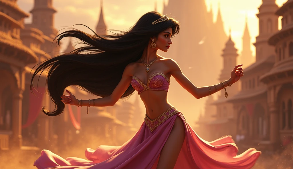 Stunning Princess Jasmine, photo in 8k, in action, cinematic.