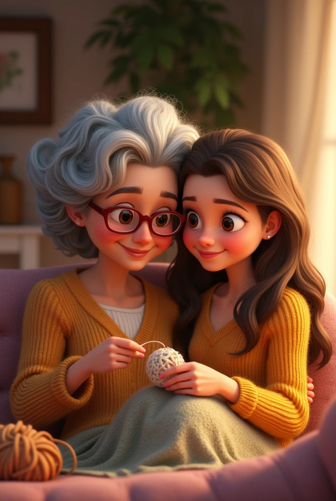 an older woman with gray curly hair, light brown skin, red glasses and her young adult white granddaughter with long brown hair crocheting and smiling. Disney animation style