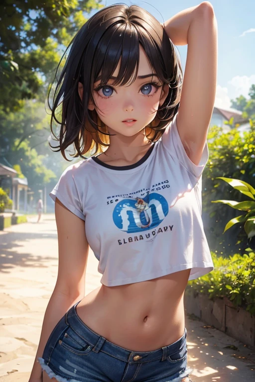a beautiful 12 year old girl,sun-kissed skin,cropped t-shirt,short shorts,striking a cool pose,hyper realistic,8k,ultra-detailed,photorealistic,professional studio lighting,vivid colors,beautiful detailed eyes,beautiful detailed lips,extremely detailed face,long eyelashes,intricate details,high fashion portrait,natural lighting,warm color tones,glowing skin,dynamic composition
