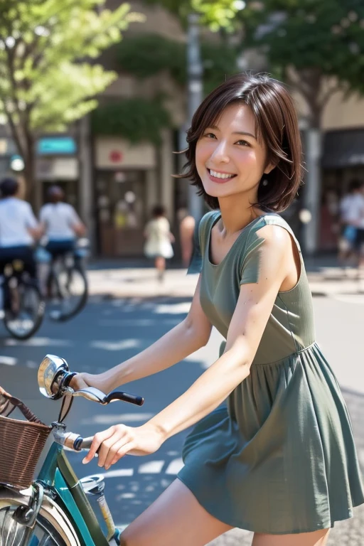 8k, RAW Portrait、1 female、 (Japanese women:1.6),masterpiece, (Realistic:1.2), Realistic, Super High Resolution, 最high quality, Photos in motion , Japanese women, 50 years oldの既婚女性, skirt, (ride a bicycle:1.5), (Pedaling a bicycle:1.6), Fluttering Hair, Mama Bike Details, One foot is on the pedal., panties, (Diagonal downward angle:1.5), bent one knee, (Beautiful and slim legs:1.5), Fast and Furious Explained、I am driving along the coast.、A sense of speed、8k、high quality、Realistic Photographic Images、50 years old、Japanese women、Wrinkles around the eyes、、Beautiful Black Hair、short hair、short hair、light makeup、A kind smile、Laughter、Short sleeveの服、Bright colors、Casual clothing、Short sleeve、Short sleeve、((Dark green dress))、Beautiful wife、(whole body:1.5)、美しいchest、chestの谷間、chest、、light makeup、、Pure beauty、Mature Woman、A refreshing smile、Smiling face、Brown ash hair color、black eye、、Large bust、chestの谷間、(Viridian loose-fitting dress:1.5)、(ride a bicycle:1.5)、(Riding a bicycle:1.2)、((skirtが風で捲れてふとももが丸見え))、((Detailed description of a bicycle))、Mountain bike、(Front view from below:1.5)
