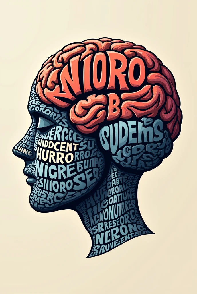 Poster with typographic illustrations, Create brain shapes with 3d text "neuro", side view of face shape,
