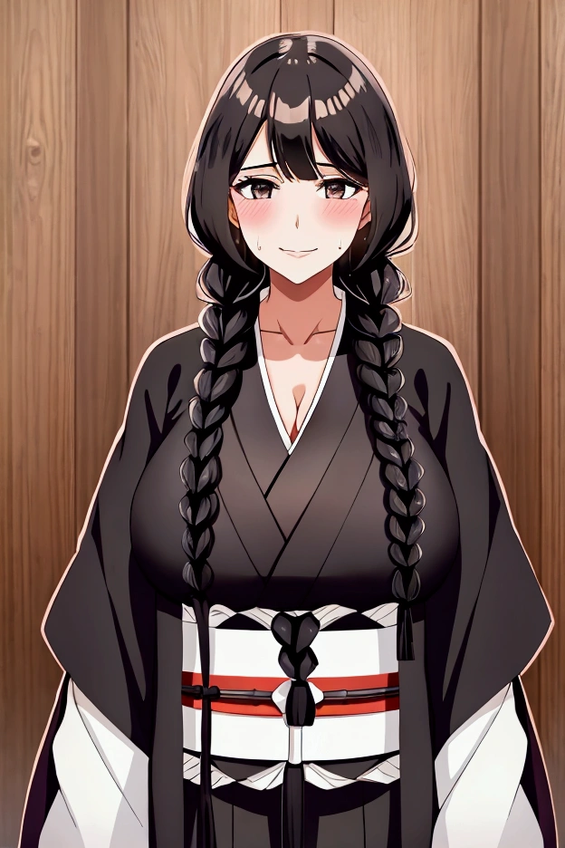 1girl, breasts, solo, black_hair, braid, sweat, long_hair, huge_breasts, cleavage, wooden_wall, sash, smile, japanese_clothes, collarbone, parted_bangs, kimono, blush, looking_at_viewer, upper_body, very_long_hair, open_clothes, black_eyes, bangs, black_sash, single_braid