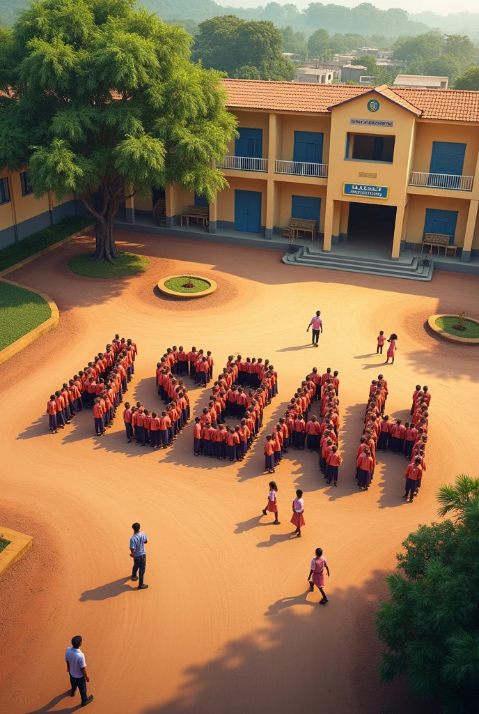 Create an aerial view image of a developing village school ground, ground have soil and little bit grass where students are standing in an organized manner, forming the letters 'A S B A H' with their bodies. The scene should be set during a school event, possibly an Independence Day celebration, with students in uniform pinkish orange checker shirt and navy blue pant. The background should include a school building creamy yellow colour walls with a visible sign reading 'ASBAH ENGLISH SCHOOL,' a mini garden, and a large tree. The atmosphere should feel vibrant and festive, reflecting the spirit of the celebration."