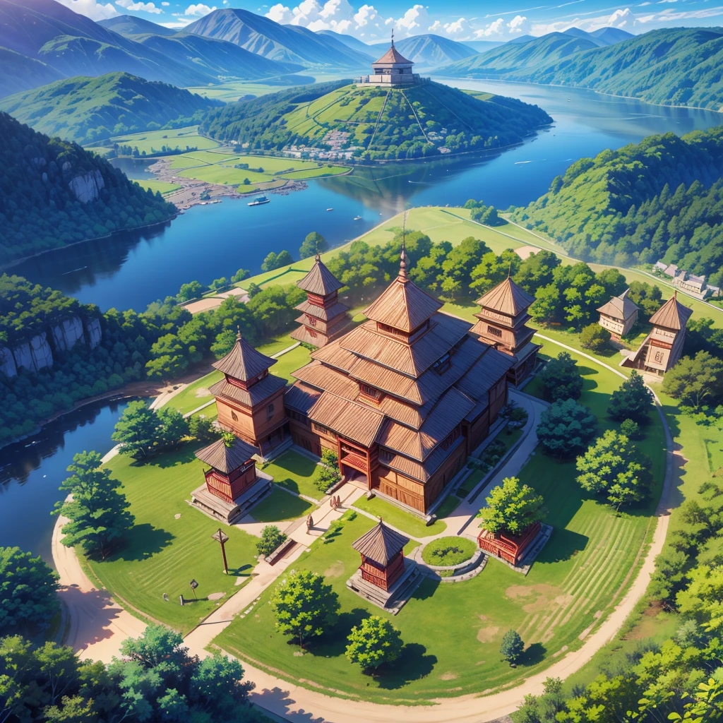 A circular ancient village surrounded by a wooden fence,