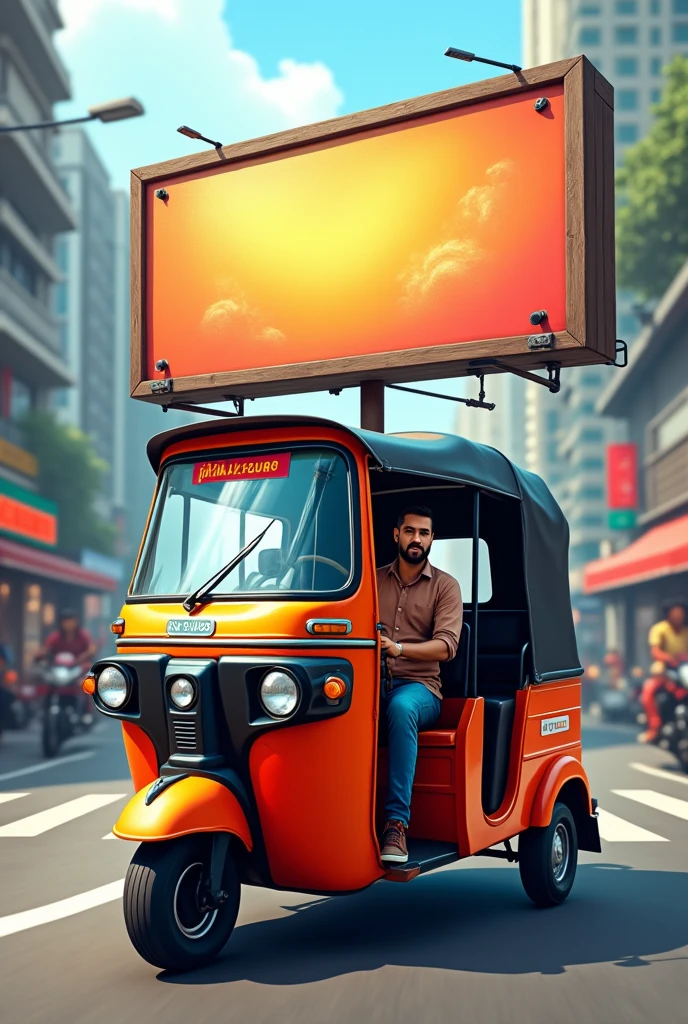 Auto rikshaw with a bill board horizontally placed on its back
