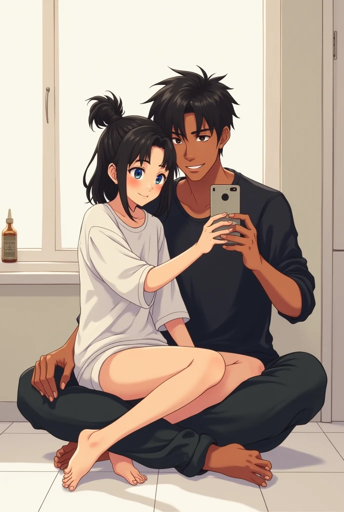 A ccouple sitting on the floor. Girl stiing in between boy's legs. Girl wearing a long white shirt and a short and has a messy top hair bun. both have black hairBoy wearing a black shirt and a trouser. Girl is fair but biy has a broen skin. Both sitting facing same direction (not looking at eachother)
Both are smiling for a selfie looking at one phone . Girl stiing in between boy's legs
Background : a home : white walls, white tiles on the floor.
Picture type: not realastic. Anime type