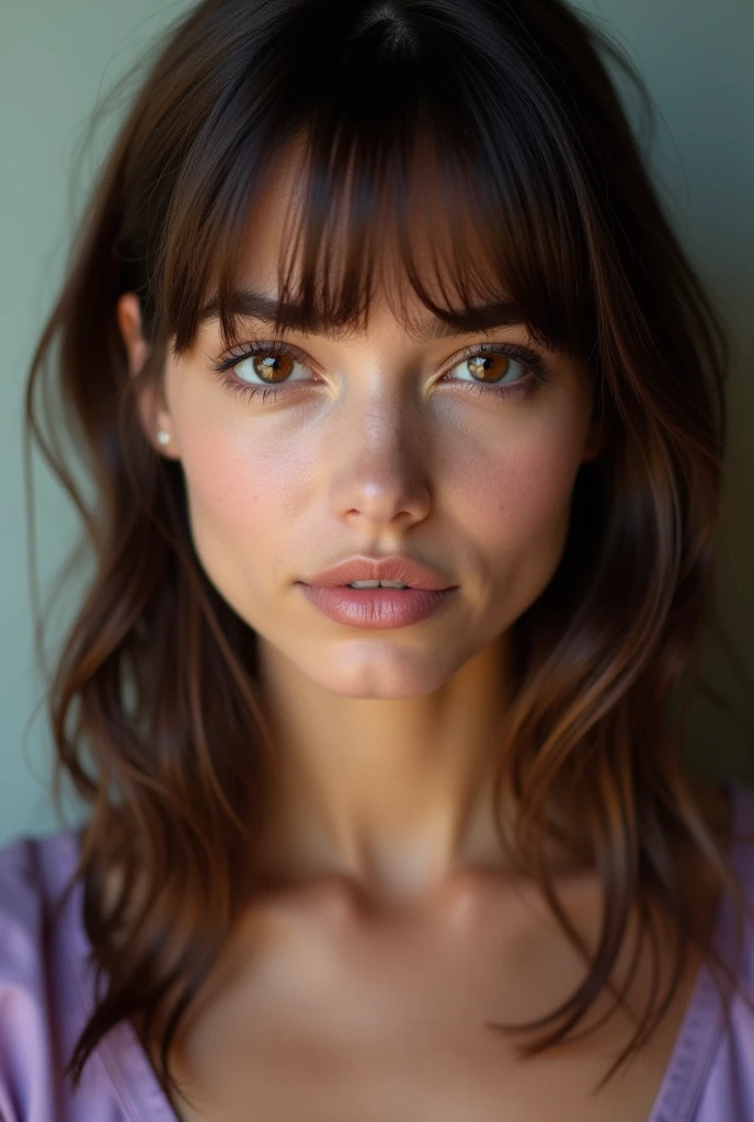 Create a photo of a Brazilian woman with large, brown, almond-shaped eyes, straight shoulder-length brown hair, fringe, button nose with a dimple on the cheek, oval face shape. Mouth with a thin upper lip and normal lower lip. Lilac clothing 